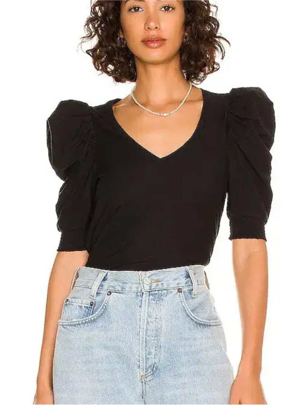 Nation LTD Celine Puff Sleeve Black Smocked Tee